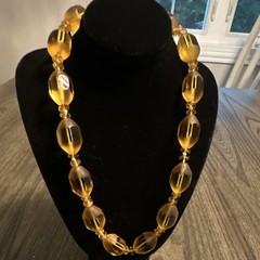 Art Deco faceted Amber-HoneyOval-Hexagonal Beaded Glass necklace16 In.