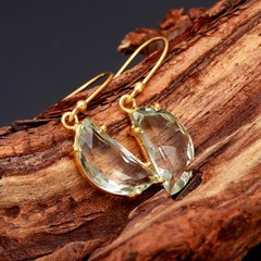 Natural Green Amethyst Half Moon Dangle Earring Gold Plated Solid Silver Jewelry