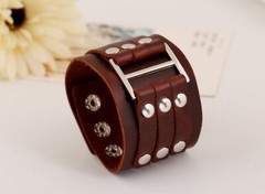 Black or Brown Leather Belted Bracelet w Silver Buckle & Rivets, Your Choice!