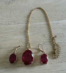 Gold Tone Oval Ruby Pendant Necklace & Earrings Adjustable Jewelry Set from JTV