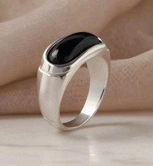 Surgical Steel Silver Fashion Ring Men Women Black Onyx Minimalist Band