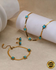 Natural Turquoise Necklace Bracelet Earring Set 18K Gold Plated Stainless Steel