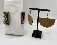Boho Beaded Cuff Bracelet & Fan Earrings Set Faux Pearl Gold Black Statement