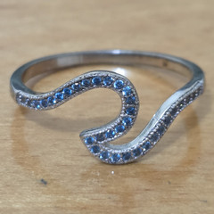 925 Sterling Silver Blue Pavé Wave Band Ring Round CZ Accents Size 10.25