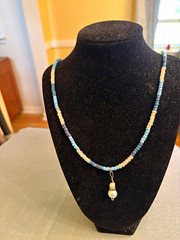 Blue & White Beaded Strand Necklace with White Pearl Charm Pendant –