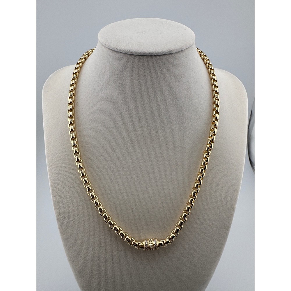 14 K Plated Gold Round Box Chain Necklace Pave Crystal Barrel Bead 18 Inch