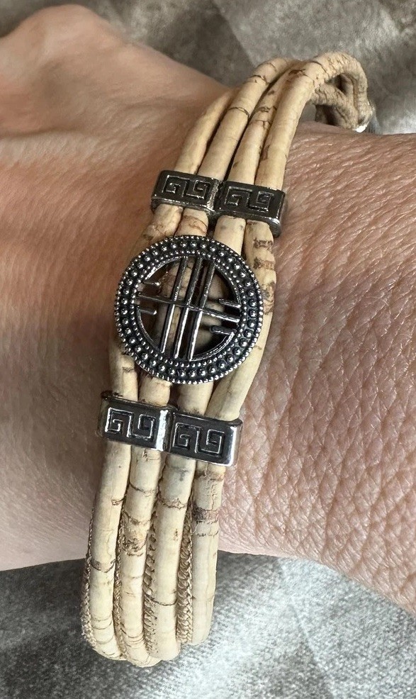 Artisan Portuguese Cork Multistrand Bracelet Greek Key Silvertone Medallion Boho