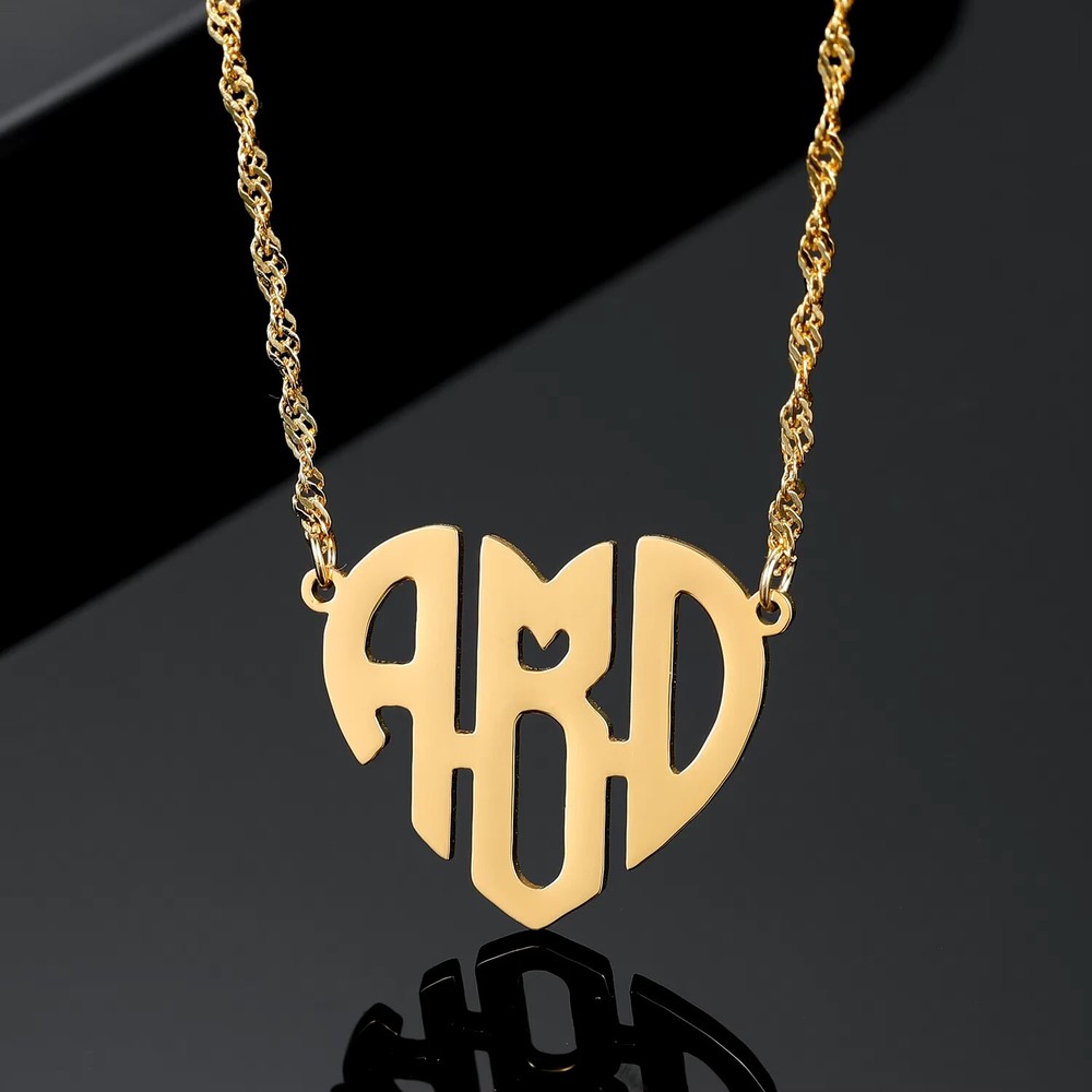 Personalized Custom Heart Monogram Necklace Name Initials Jewelry Pendant Women