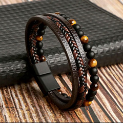 Brown Black Leather Wrap Beaded Braided Multi-Strand Tiger’s Eye Bracelet