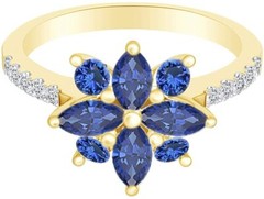 14K Yellow Gold Plated Silver Simulated Diamond & Sapphire Marquise Flower Ring