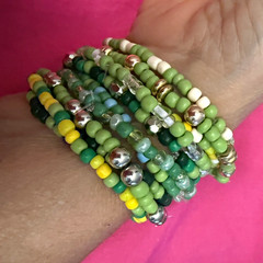 Green Yellow Blue Beaded Stackable Stretch Bracelets Set Round No Clasp