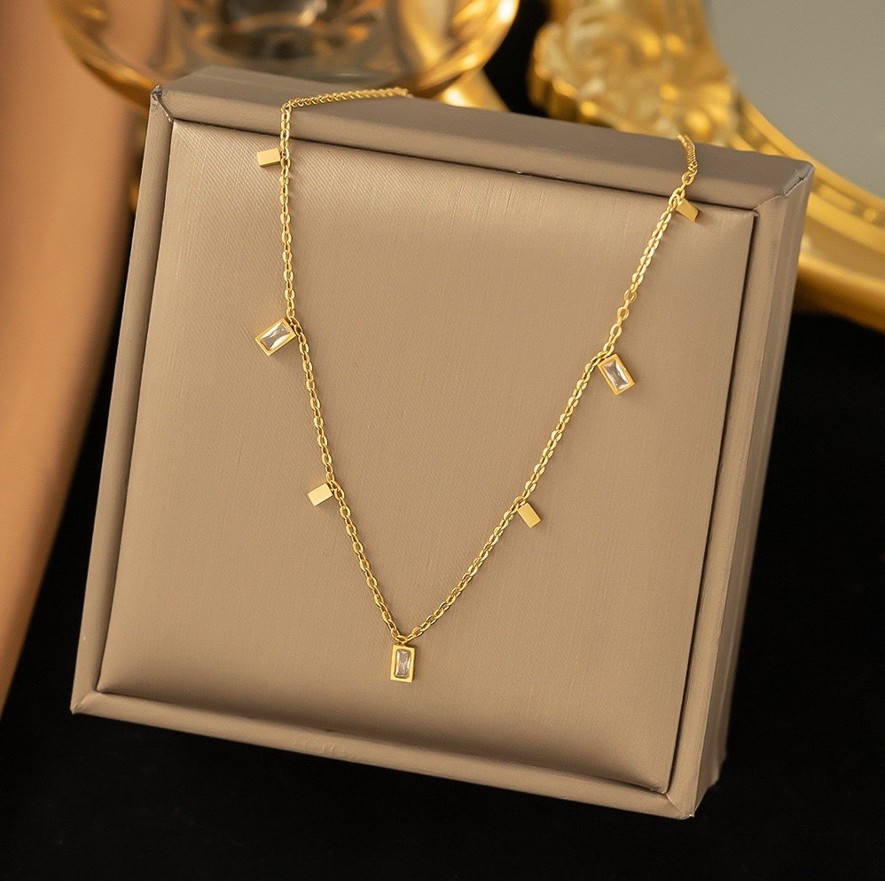 Yellow Gold Plated Cable Chain Necklace w/ Rectangle Baguette Crystal Charms