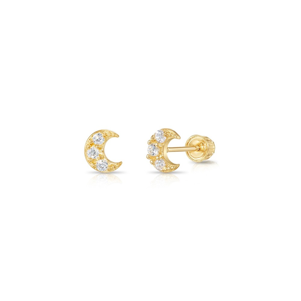 14K Real Solid Gold Pave Small Crescent CZ Sleeper Studs Earrings Screw-back