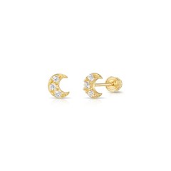 14K Real Solid Gold Pave Small Crescent CZ Sleeper Studs Earrings Screw-back