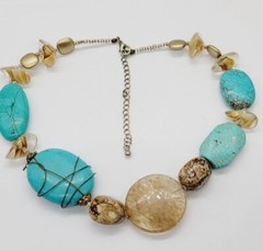Faux Turquoise Lucite Necklace Wire Wrap STATEMENT Blue & Brown Marbled 20 in