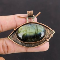Valentines Deal Copper Third Eye Chakra Oval Labradorite Gemstone Bezel Pendant