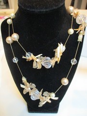 Long Gold Chain Necklace w/ White, Beige & Clear Beads Ribbon & Lace Bows NWOT