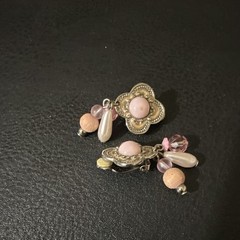 Pink Flower Dangle Drop Earrings, Clip-On, Round Pink Glass Stone, Metal