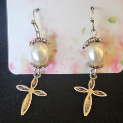 Silver Tone White Simulated Pearl Cross Dangle Drop Hook Earrings for Lobe