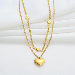 Woman 18K Gold Plated Stainless Steel Heart Charm 2 Layers Chain Necklace