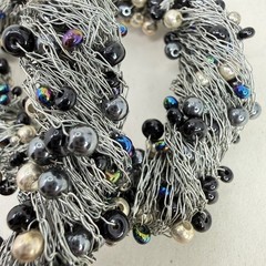 Wire Wrapped Pearl Beaded Statement Necklace Black Silver Toned Artsy Bold