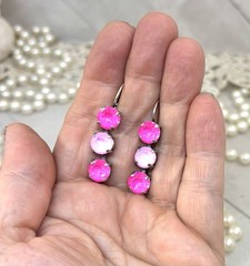 Antique Silver Plated Bubblegum Pink Cup Chain Triple Stone Drop Earrings, Neon