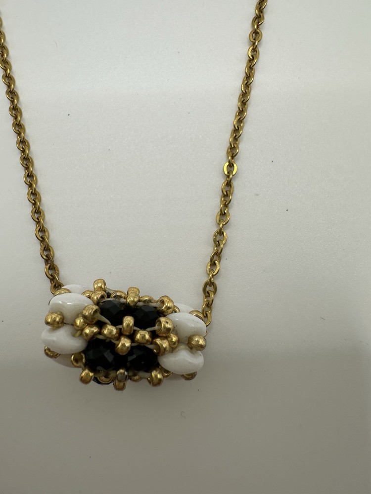 Gold Tone Chain Necklace With White And Black Beaded Cylinder Pendant 16”