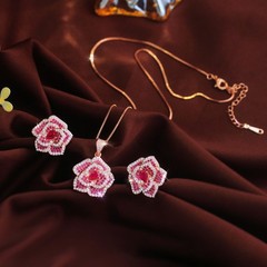 Rose Gold Plated Rose Red Flower Earring and Pendant Necklace Zircon Jewelry Set