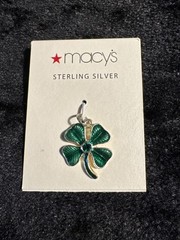 Green 4 Leaf Clover Charm Pendant with Rhinestone Center Sterling Silver