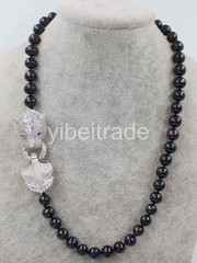 9-10mm black freshwater pearl near round necklace leopard clasp