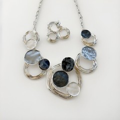 Silver Round Chunky Necklace Set Earrings Silver Black Gray Womens Jewelry