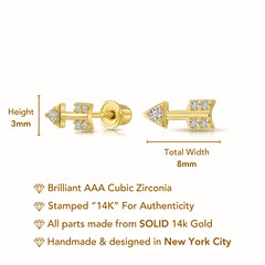 14K Real Solid Yellow Gold Dainty Mini Arrow CZ Sleeper Stud Earrings Screw-back