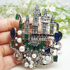 Woman’s Vintage Blue Castle Palace Pendant Brooch Pin Crystal Rhinestone Gifts