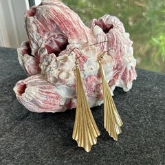 Vintage Gold Tone Fan Drop Earrings, 3.75 Inches
