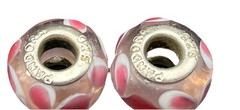 2 Pandora 925 Silver Pink Floral Petals Murano Glass Bead Charms Clear, White