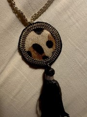Chico’s Long Leopard Print Medallion Black Tassel Necklace 34″ Gold Tone