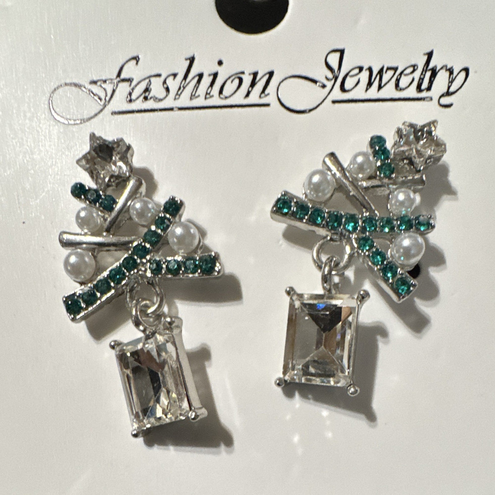 Silver Tone Bow Dangle Drop Earrings Green Rhinestone Clear Baguette Pearl