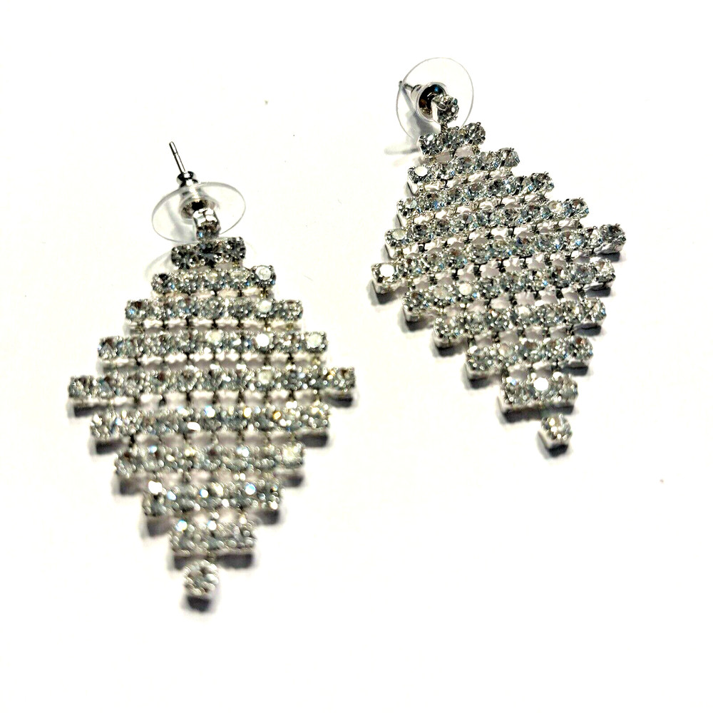 Silver Pierced Earrings Clear White Rhinestones Mesh Drop & Dangle Disco Fashion