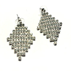 Silver Pierced Earrings Clear White Rhinestones Mesh Drop & Dangle Disco Fashion