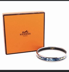 HERMÈS Paris Signed Enamel Bangle Bracelet Nautical Silver Blue Yellow
