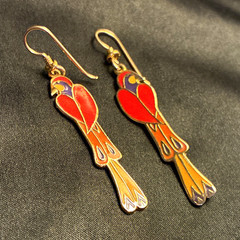 Laurel Burch Mayan Bird Enamel Hook Dangle Drop Earrings Gold Red Signed