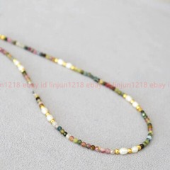 3mm Faceted Multicolor Tourmaline Round Gems Beads Natural White Pearl Necklace