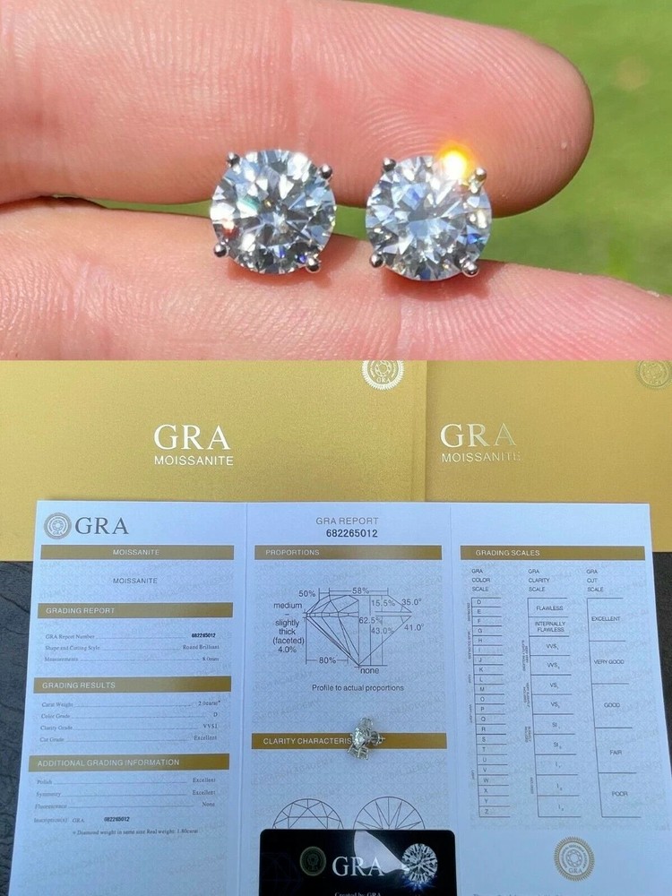 4ct TW Moissanite Screw Back Solitaire Stud Earrings – GRA Certified D FL 8mm