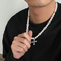 Alloy Imitation Pearl Cross Necklace Men Cubic Zirconia Beaded Pendant Jewelry