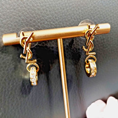 Auth. YVES SAINT LAURENT YSL LOGO Stud CRYSTAL Ring Drop EARRINGS Gold Tone