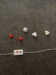 Red & White Plastic Beaded Stretch Bracelet, Sizable, Love & Hearts LOVE Bead