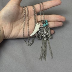 Silver Tone Elephant Tassel Pendant Necklace 36 In Womens Turquoise Boho Jewelry