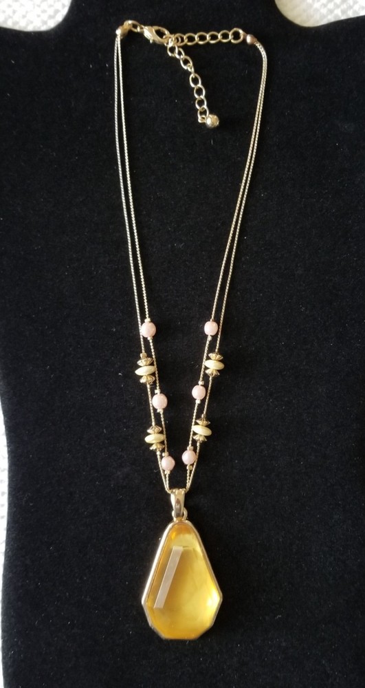 Kenneth Cole Yellow Crystal Pendant with Beaded Double Chain Gold Tone Necklace