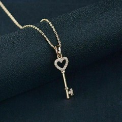 Stunning Key Shape Pendant Round Cut Simulated Diamond In 14K Yellow Gold Plated