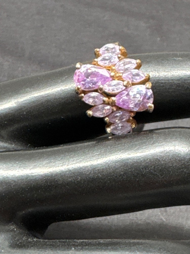 Gold Tone Cocktail Ring With Pink & Purple Gemstones In Marquise Cut Design